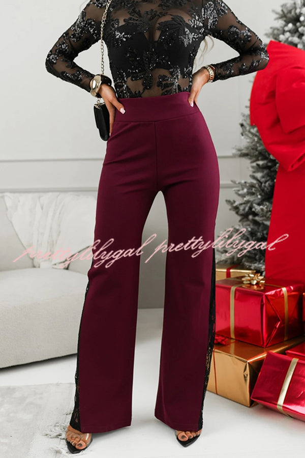 Joelie High Rise Elastic Waistband Side Lace Patchwork Flare Pants