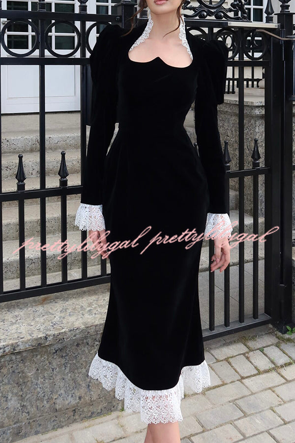 Baroque Style Velvet Lace Trim Sweetheart Neck Long Sleeve Flare Midi Dress