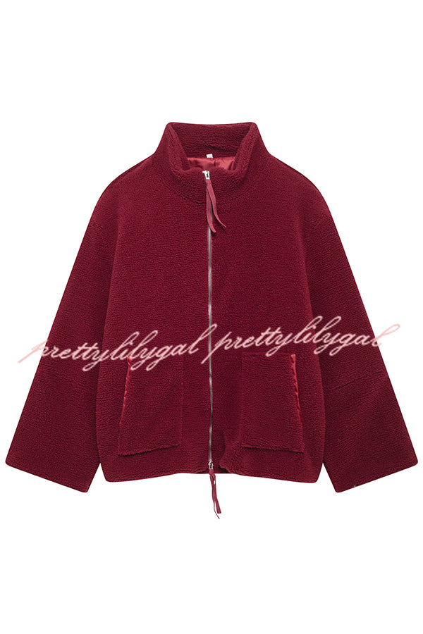 Solid Color Stitching High Collar Long Sleeve Loose Pocket Woolen Coat