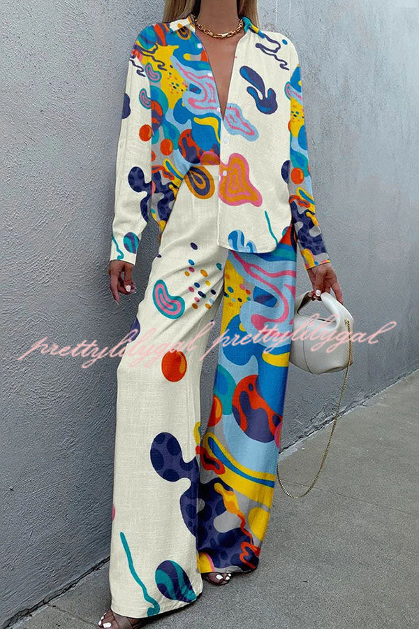 Stunning Art Print Buttoned Wide Leg Pant Suit