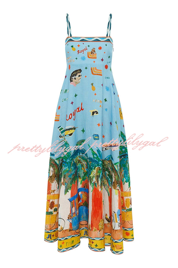 Summer Energy Linen Blend Unique Print Smocked Back Pocketed Midi Dress