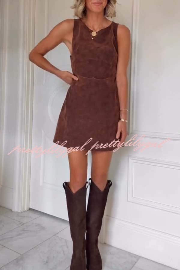 Atlas Faux Suede Open Back Button Accents Zipper Mini Dress