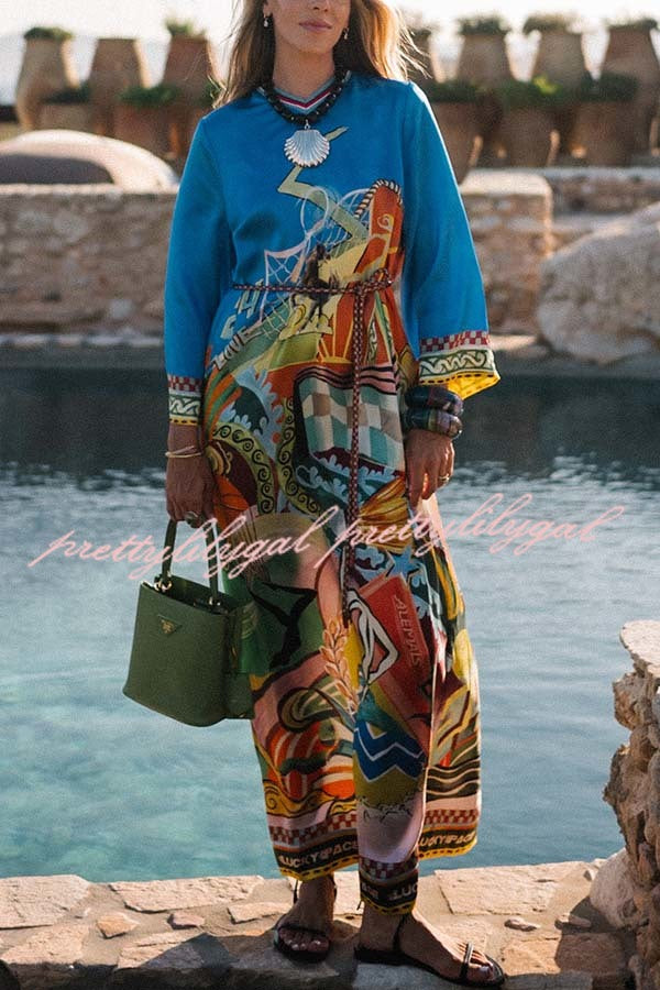 Seaside Views Satin Unique Print  Rib-knit V Neck Bell Sleeve Slit Kaftan Midi Dress