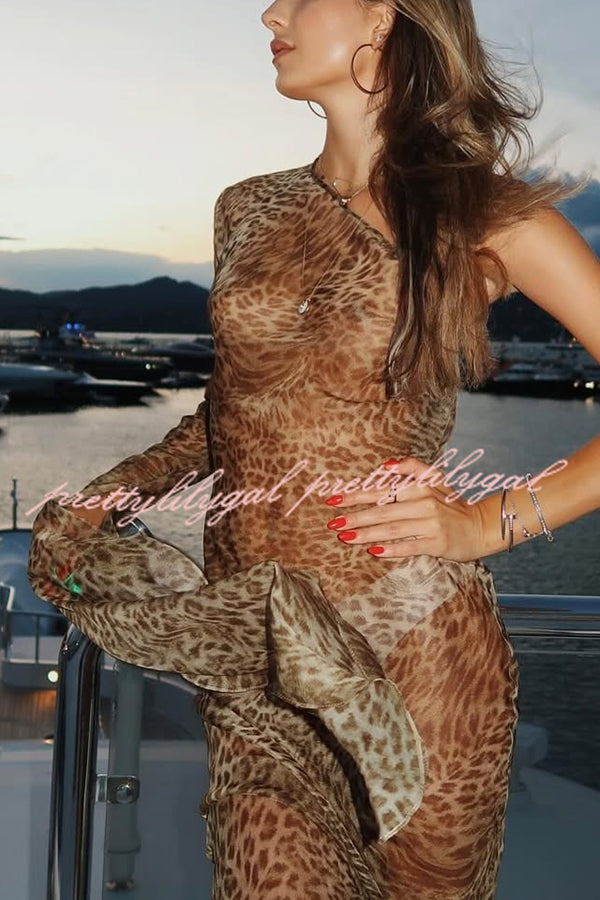 Leopard Print One Sleeve Sexy See-Through Fit Maxi Dress