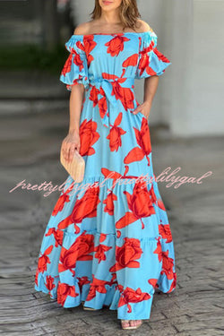 Floral Print Waist Belted Slim Fit Off The Shoulder Maxi Dress