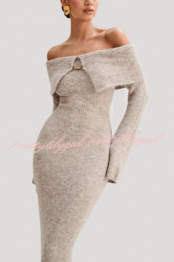 Solid Color Off-shoulder Long-sleeved Elegant Slim-fit Knit Maxi Dress