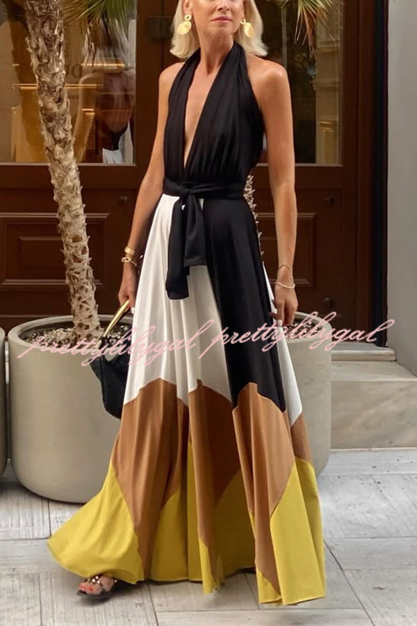 Fashion Colorblock Sexy Backless Tie Waist Full Hem Maxi Dress