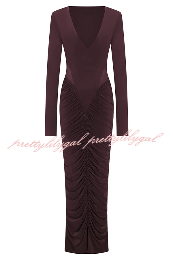Sexy See-through Long-sleeved V-neck Pleated Slim-fit Maxi Dress