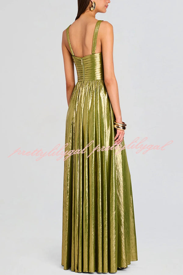 Artistic Quality Metallic Pleated Fabric Removable Straps Slit Maxi Dress