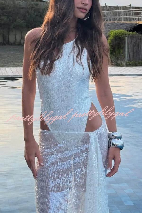 Fashion Sequin Sleeveless Fitted Rompers and Holiday Slit Maxi Skirt Set