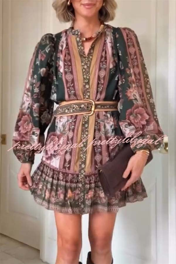 Brazilian Style Unique Floral Print Puff Sleeve Belted Pleated Hem Mini Dress