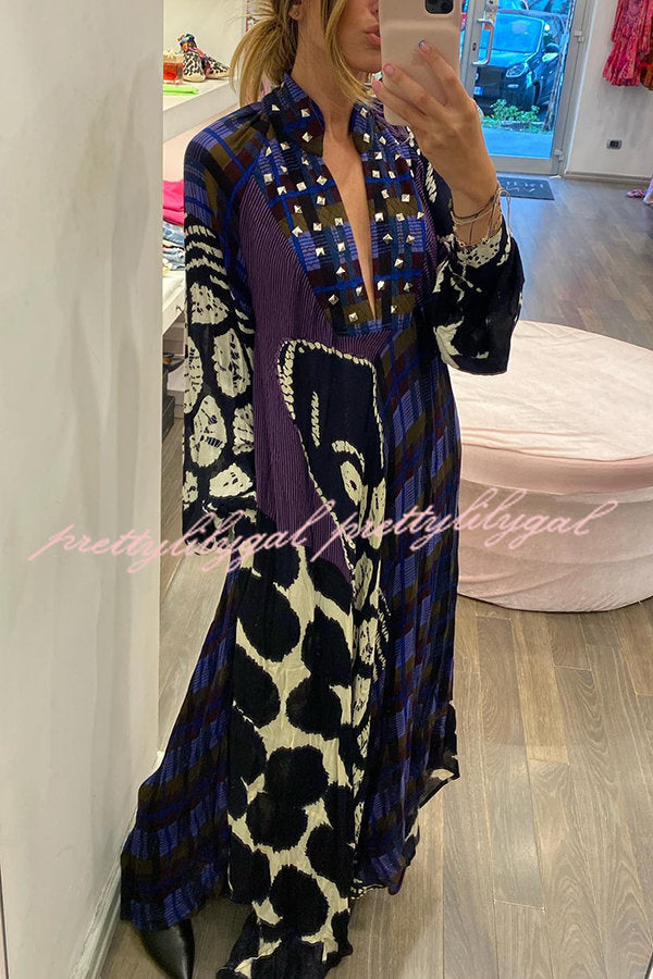 Creative Colorblock Print Long Sleeve Pocketed Shirt Maxi Dress