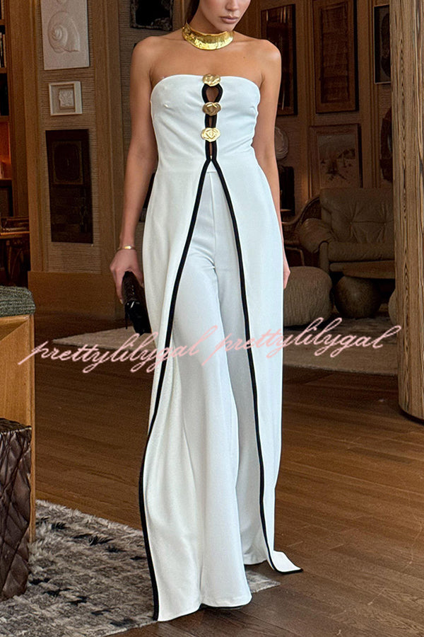 Fashionable Contrast Color Off-shoulder Metal Decoration Casual Elegant Jumpsuit
