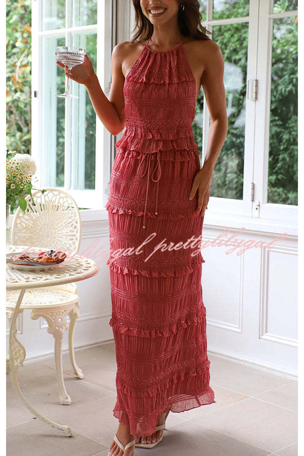 Feel Chic and Romantic Sequin Textured Material Back Elastic Halter Tie Tank and Drawstring Waist Tiered Maxi Skirt Set