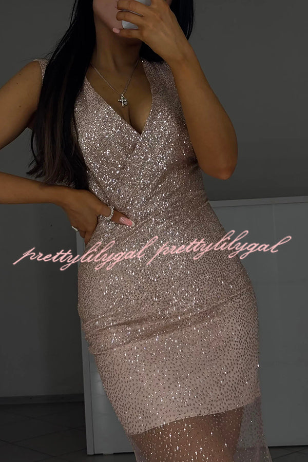 Olivia See-through Mesh Sequin Fabric Warp V-neck Party Maxi Dress
