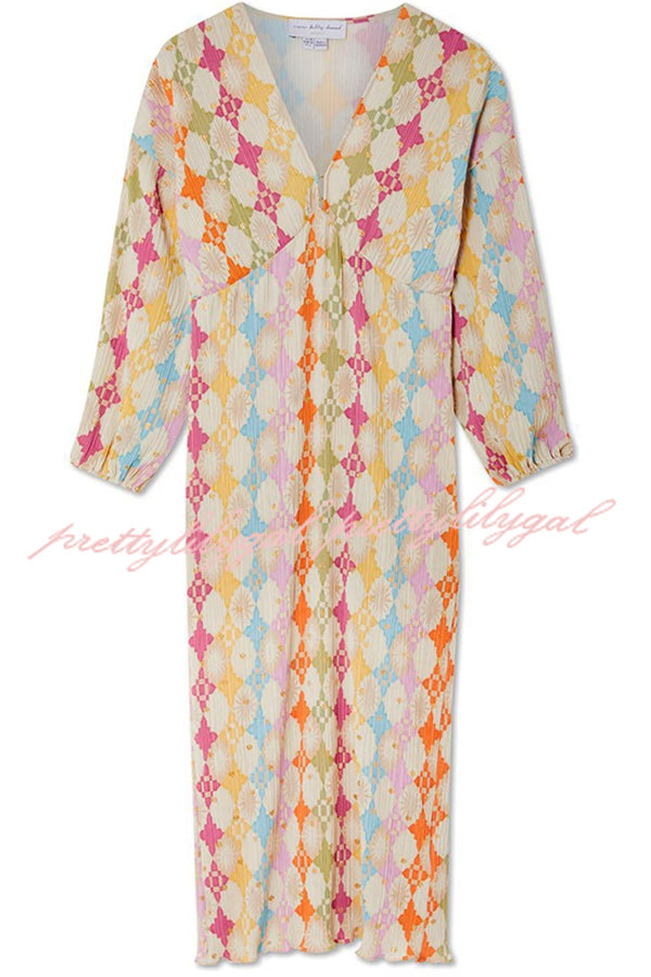 Gorgeous Sunshine Colorful Unique Print Kimono Puff Sleeve Midi Dress