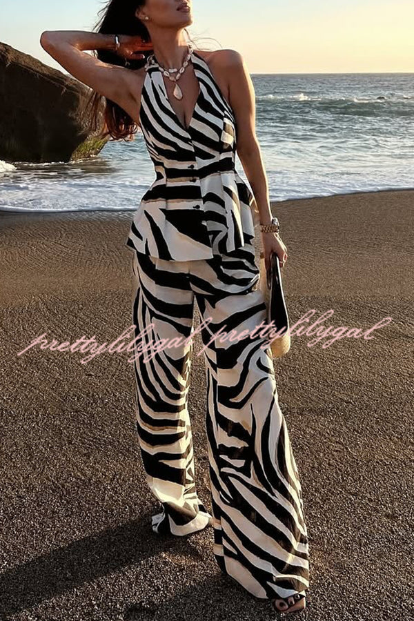 Zebra Print Halter Neck Backless Button-Down Top