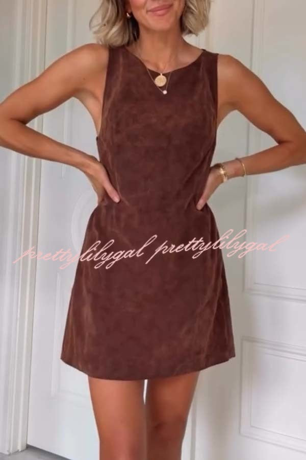 Atlas Faux Suede Open Back Button Accents Zipper Mini Dress