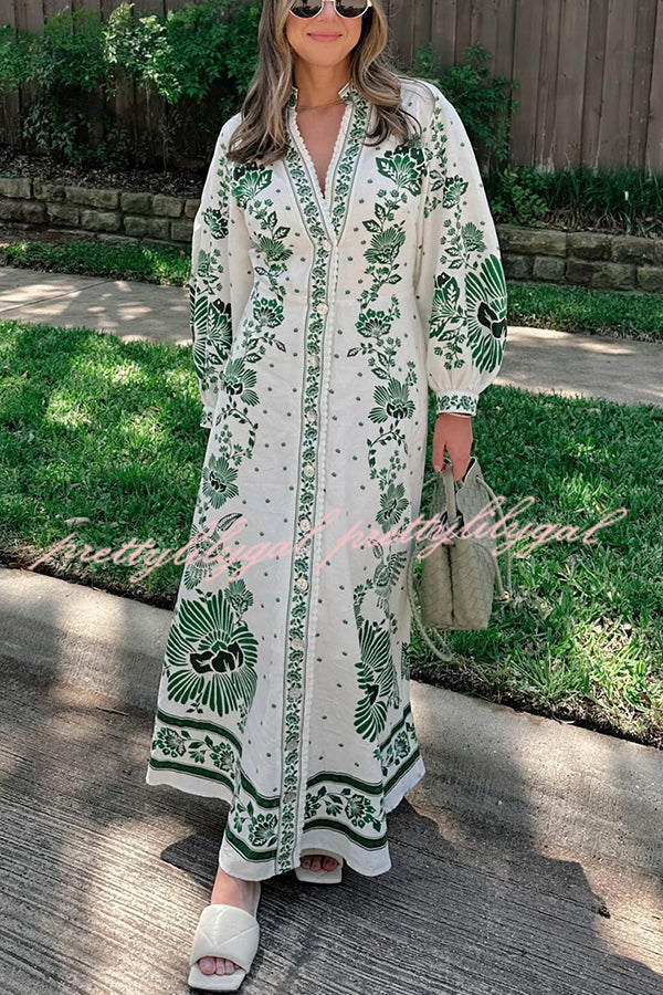 Forest Soul Unique Print Button Down Long Sleeve Shirt Maxi Dress