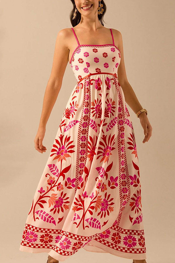 Unique Printed Sling Back Pleated Loose Holiday Maxi Dress