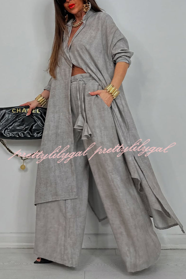 Solid Color Casual Loose Long Shirt and Elastic Waist Pocket Wide Leg Pants Set