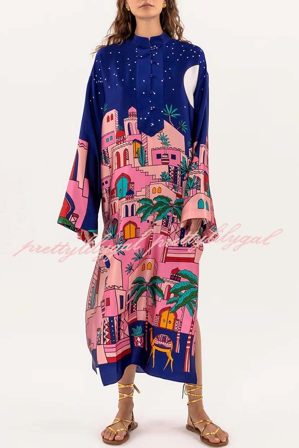 Seaside Stroll Satin Unique Print Button Up Long Sleeve Slit Kaftan Midi Dress