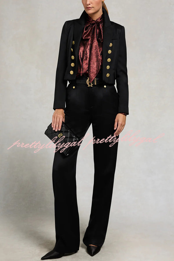 Ariella Metallic Satin Fabric Tie-up Bow Neck Long Sleeve Blouse