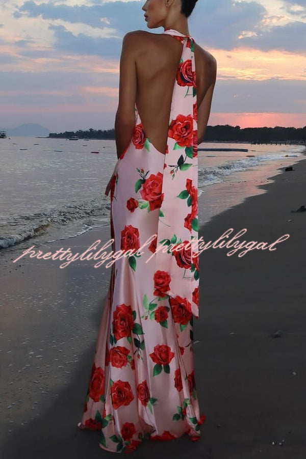 Rose Print Sexy Halter Neck Strappy Backless Slim Fit Maxi Dress