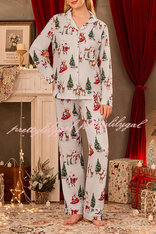 Christmas Holiday Print Long Sleeve Pocket Top and Elastic Waist Loose Pants Set