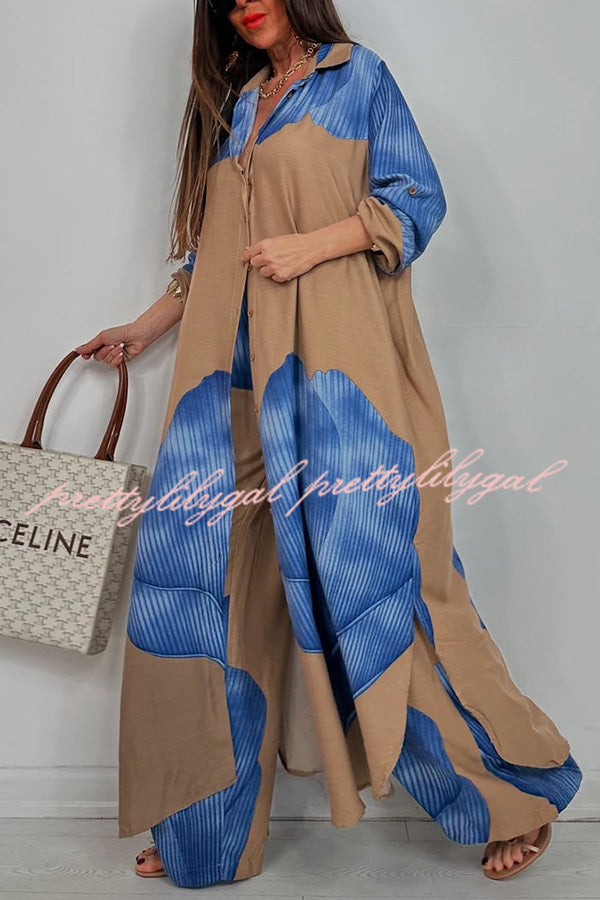 Unique Printed Casual Loose Long Shirt and Elastic Waist Pocket Wide Leg Pants Set