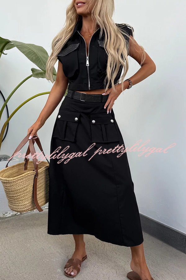 Athleisure Zipper Pocket Sleeveless Jacket and Belted Cargo Midi Skirt Set