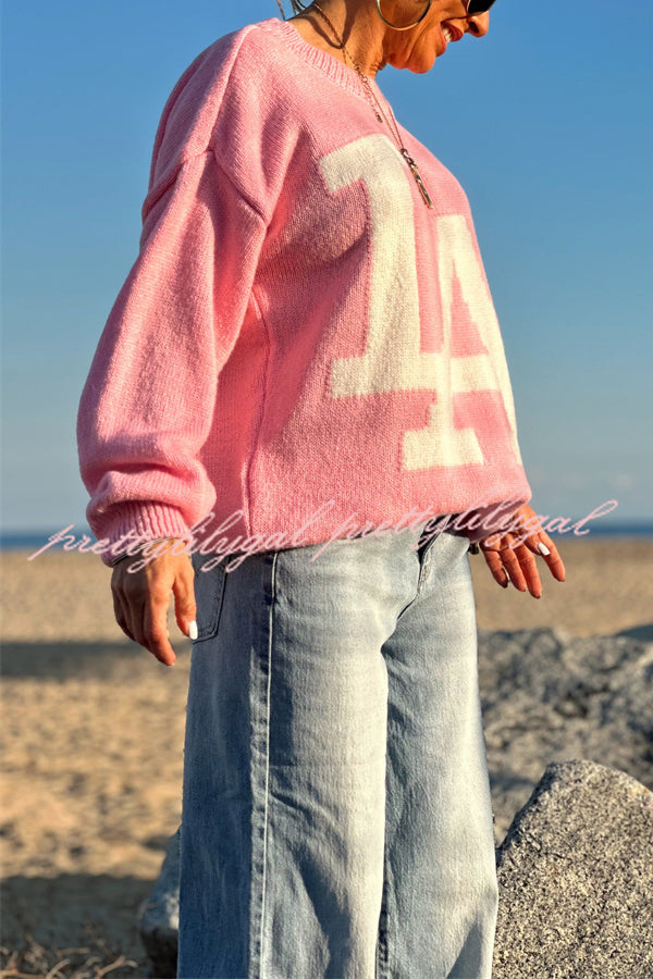 Letter Pattern Crew Neck Long Sleeve Loose Knit Sweater