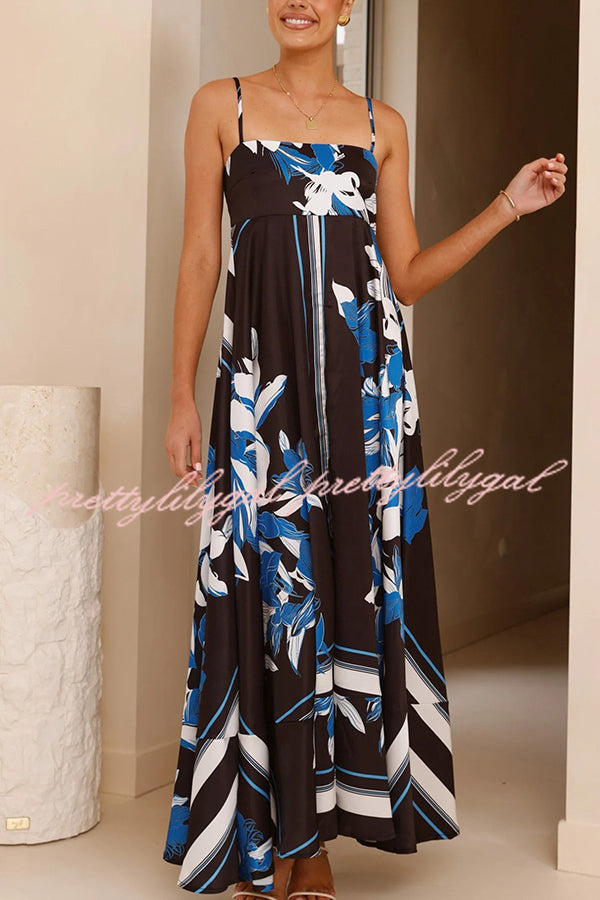 Botanical Print Square Neck Suspender Casual Full Hem Maxi Dress