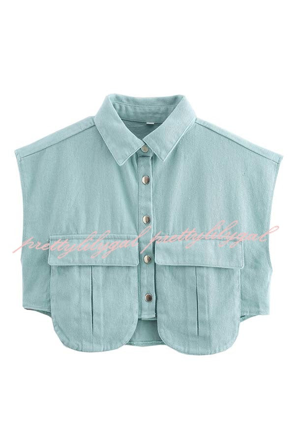 Stylish Weekend Denim Button Up Cape Sleeve Pocket Crop Top
