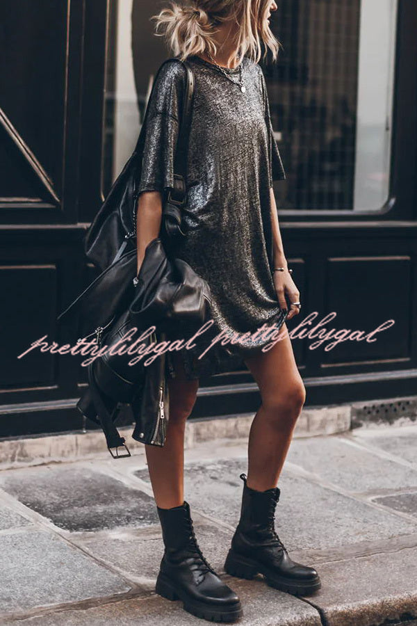 The Dark Sparkly Relaxed Slit T-shirt Mini Dress