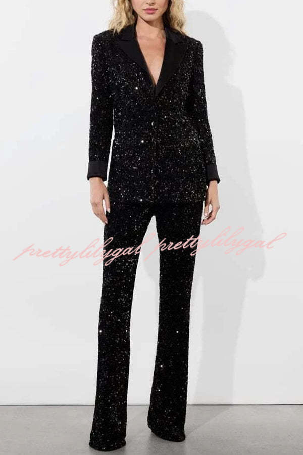 Sparkle Season Sequin Satin Long Sleeve Lapel Formal Party Blazer