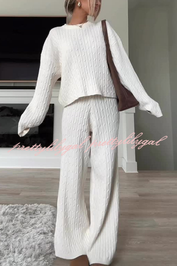 Autumn Travel Knit Cable Long Sleeve Sweater and Elastic High Waist Wide Leg Pants Set
