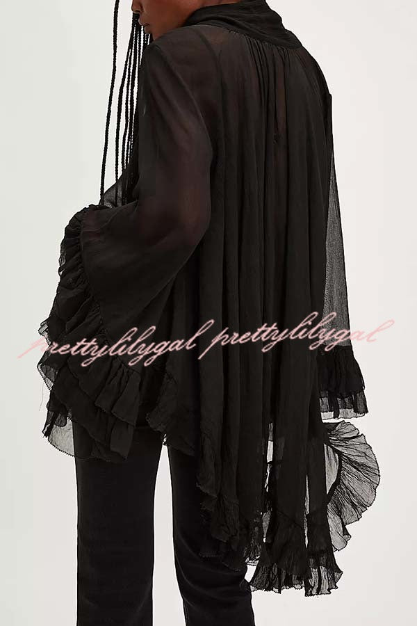 Flowy See-through Ruffle Tie-up Neck Bell Sleeve High-low Hem Cape Shirt