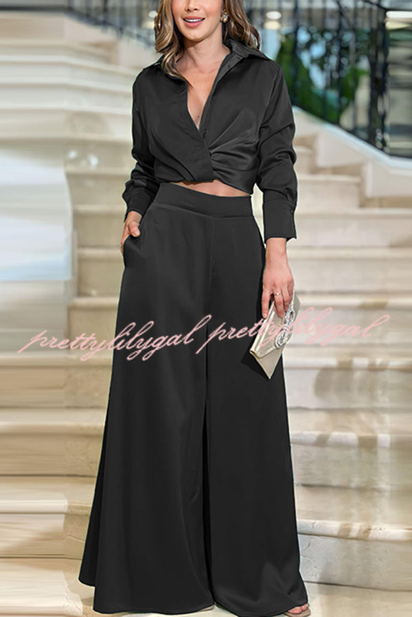 Satin Solid Color Lapel Long Sleeve Blouse and Loose-fitting Pocket Wide Leg Pants Set