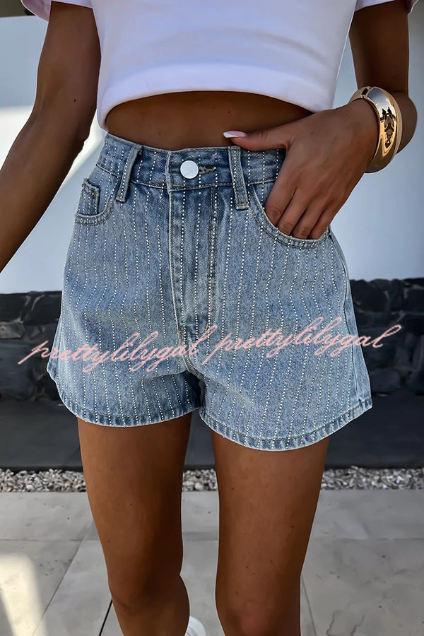 Fashion Rhinestone Loose Pocket Denim Shorts