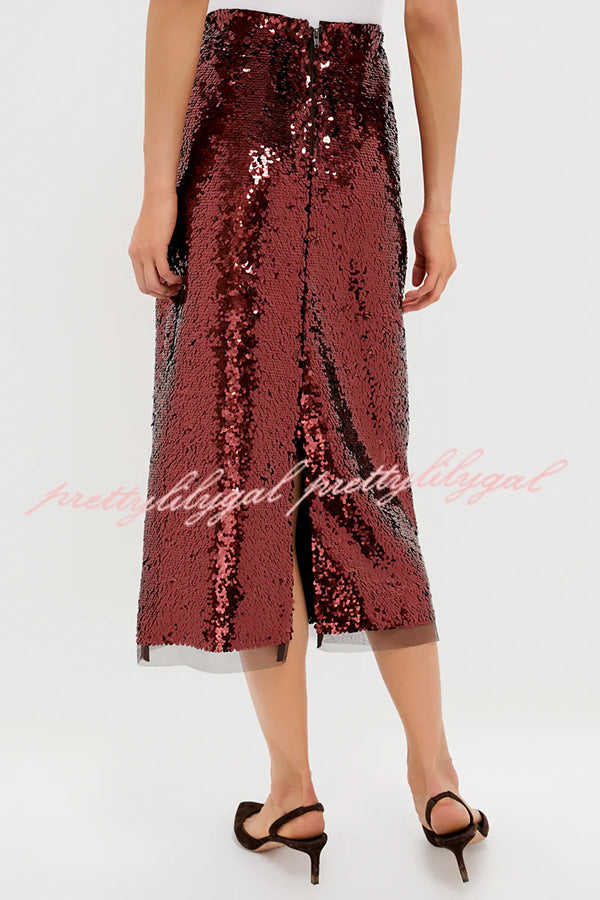 Upper East Chic Sequin Mesh Trim High Rise Slit Pencil Midi Skirt