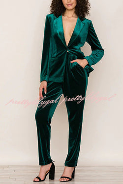 Solid Color Velvet Long-sleeve Blazer and Elastic Waist Pocket Pants Set