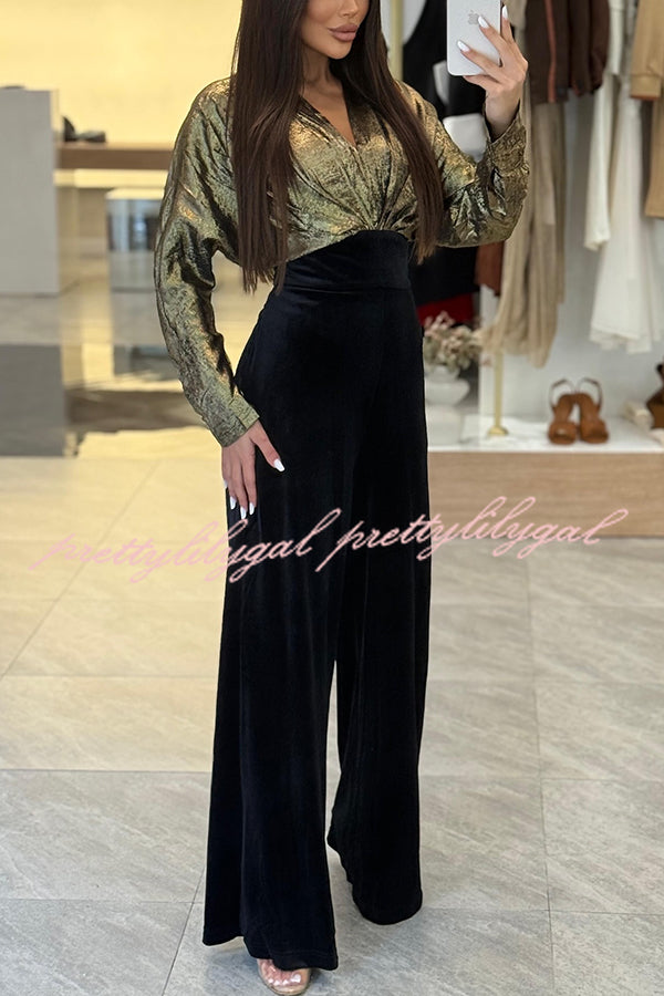 Caitlin Metallic Velvet Patchwork Long Batwing Sleeve Pocket Wide Leg Jumpsuit