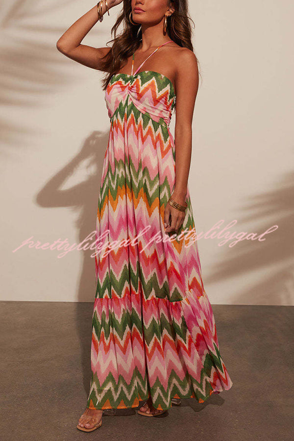 Colorful Zigzag Pattern Halter Backless Pleated Holiday Maxi Dress
