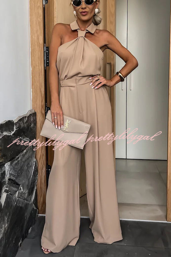 Fashionable Unique Look Halter Shirt Collar Pocketed Wide Leg Jumpsuit