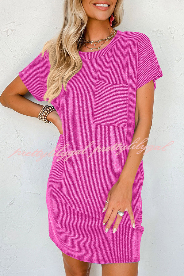 Casual Solid Color Striped Short-sleeved Pocket Mini Dress