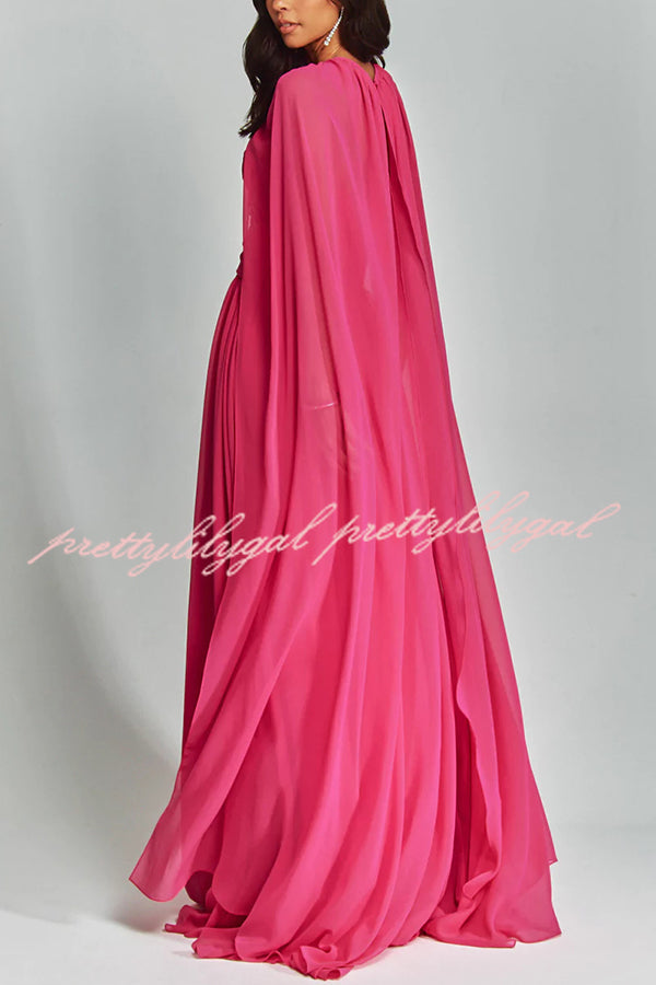 Romantic Party Chiffon Off Shoulder Sweetheart Neck Ruched Cape Maxi Dress