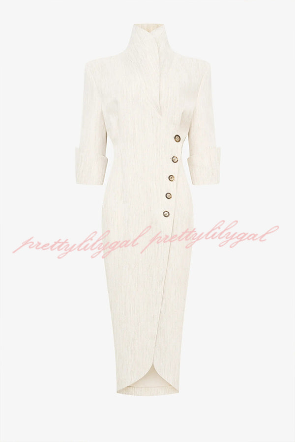Elegant Look Linen Blend Stand Lapel Neck Half Sleeve Side Button Midi Dress