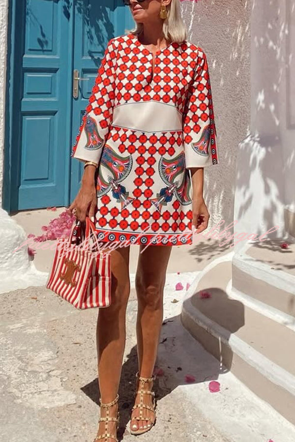 Unique Print V-Neck Loose Holiday Mini Dress