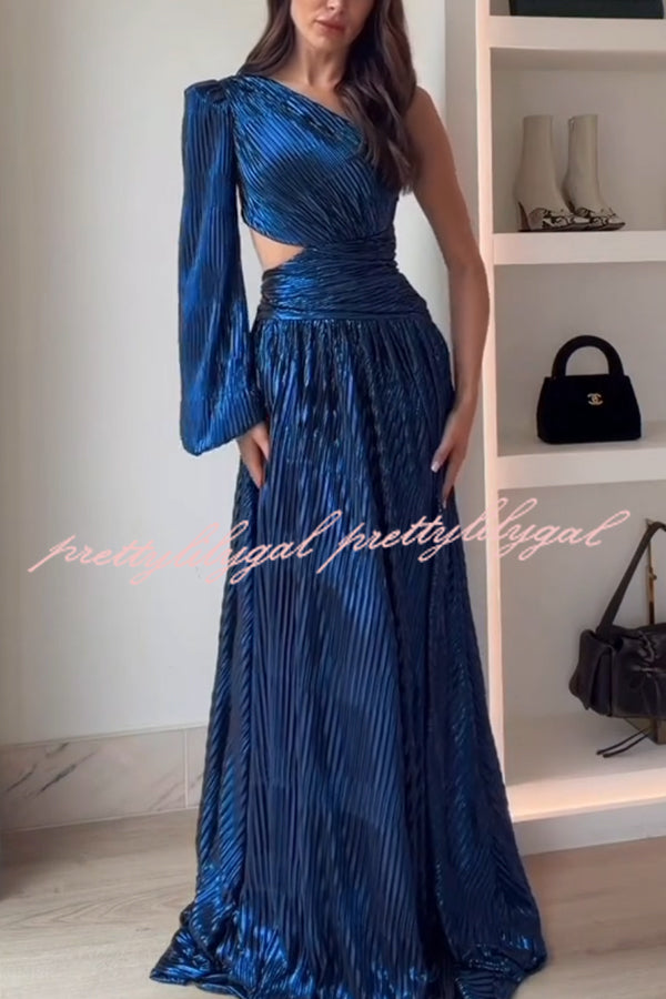 Dazzling Night Metallic Pleated One Shoulder Cutout Balloon Sleeve Gown Maxi Dress